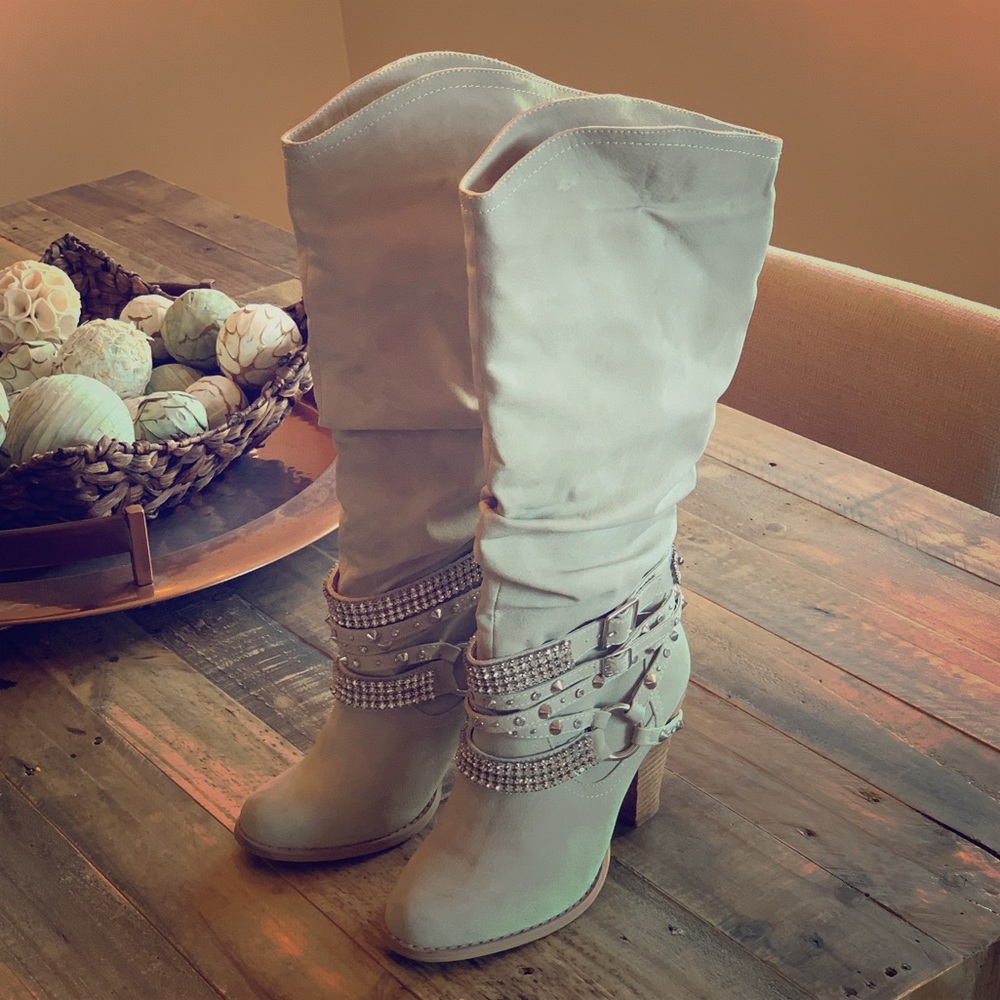 Not Rated Beige Knee-High Heeled Boots with Studded Straps